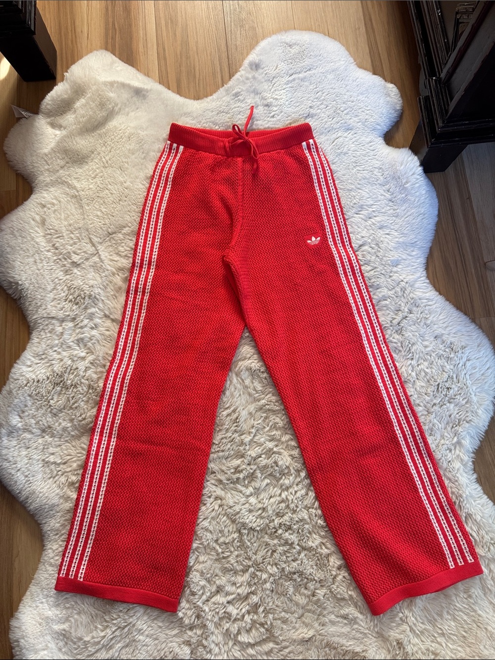 Adidas Red Crochet RARE Knit Track Pants with White Three Stripes